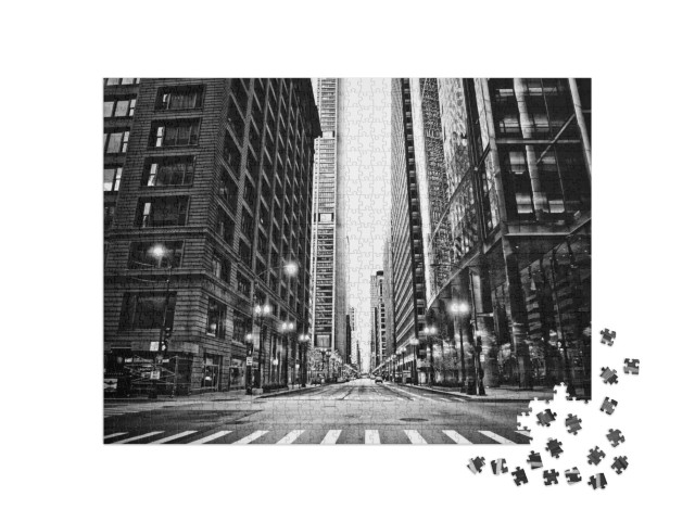 Empty Urban City Street View Black & White on Cloudy Fogg... Jigsaw Puzzle with 1000 pieces