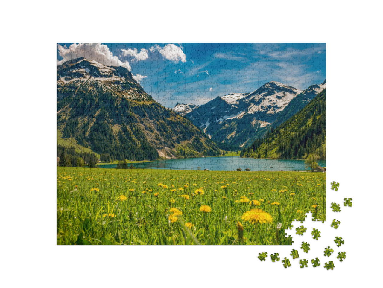 Vilsalpsee in Spring with Flower Meadow & Mountains in Ba... Jigsaw Puzzle with 1000 pieces