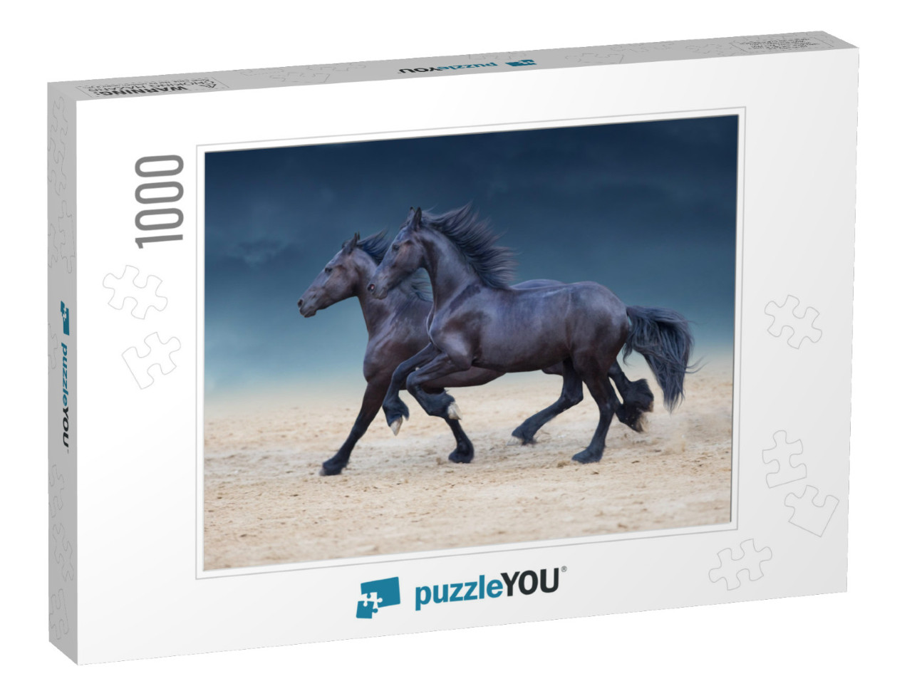 Two Frisian Horses Run Gallop on Desert Dust Against Sky... Jigsaw Puzzle with 1000 pieces