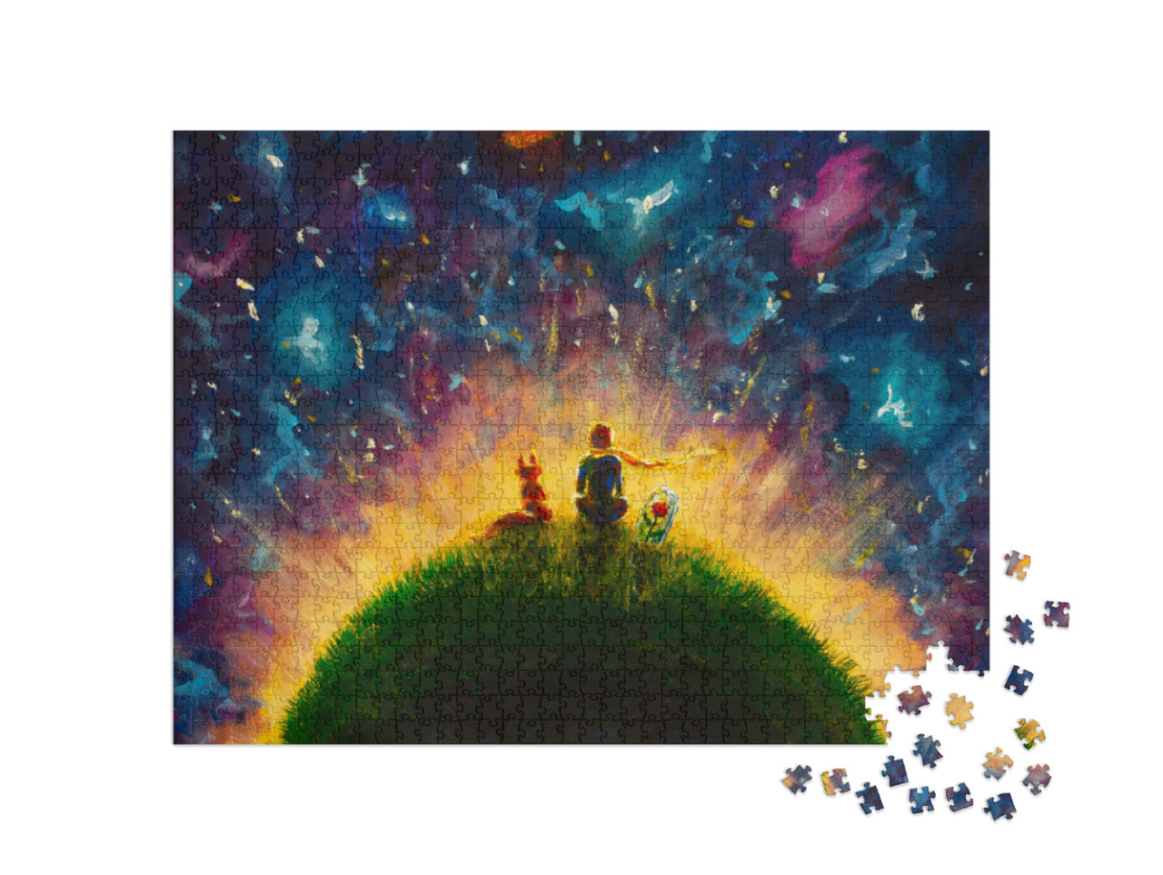 Original Oil Painting Little Prince & Fox & Red Rose Sitt... Jigsaw Puzzle with 1000 pieces