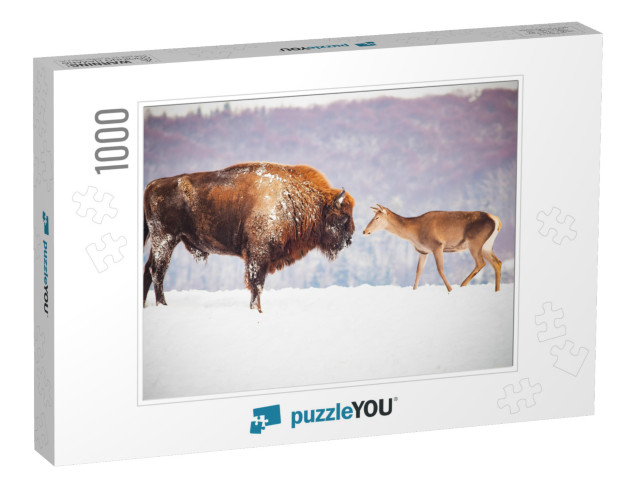 European Bison & Deer in Winter... Jigsaw Puzzle with 1000 pieces