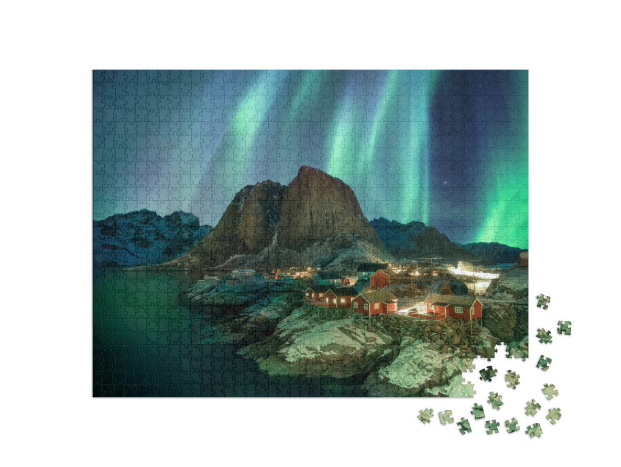 Northern Lights Over Fishing Village with Mountain Range... Jigsaw Puzzle with 1000 pieces