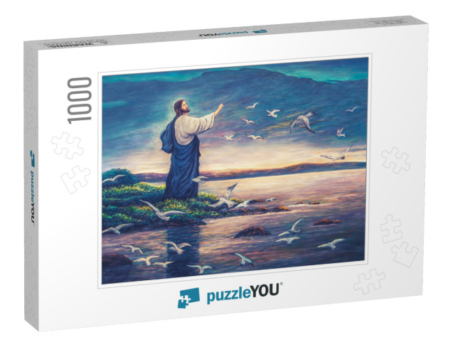 Oil Painting of Jesus Standing At the Sea Side & Raise Ha... Jigsaw Puzzle with 1000 pieces