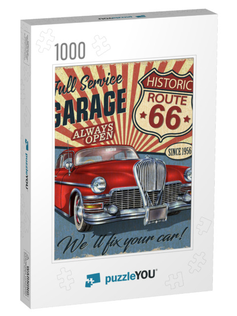 Vintage Route 66 Garage Retro Poster with Retro Car... Jigsaw Puzzle with 1000 pieces