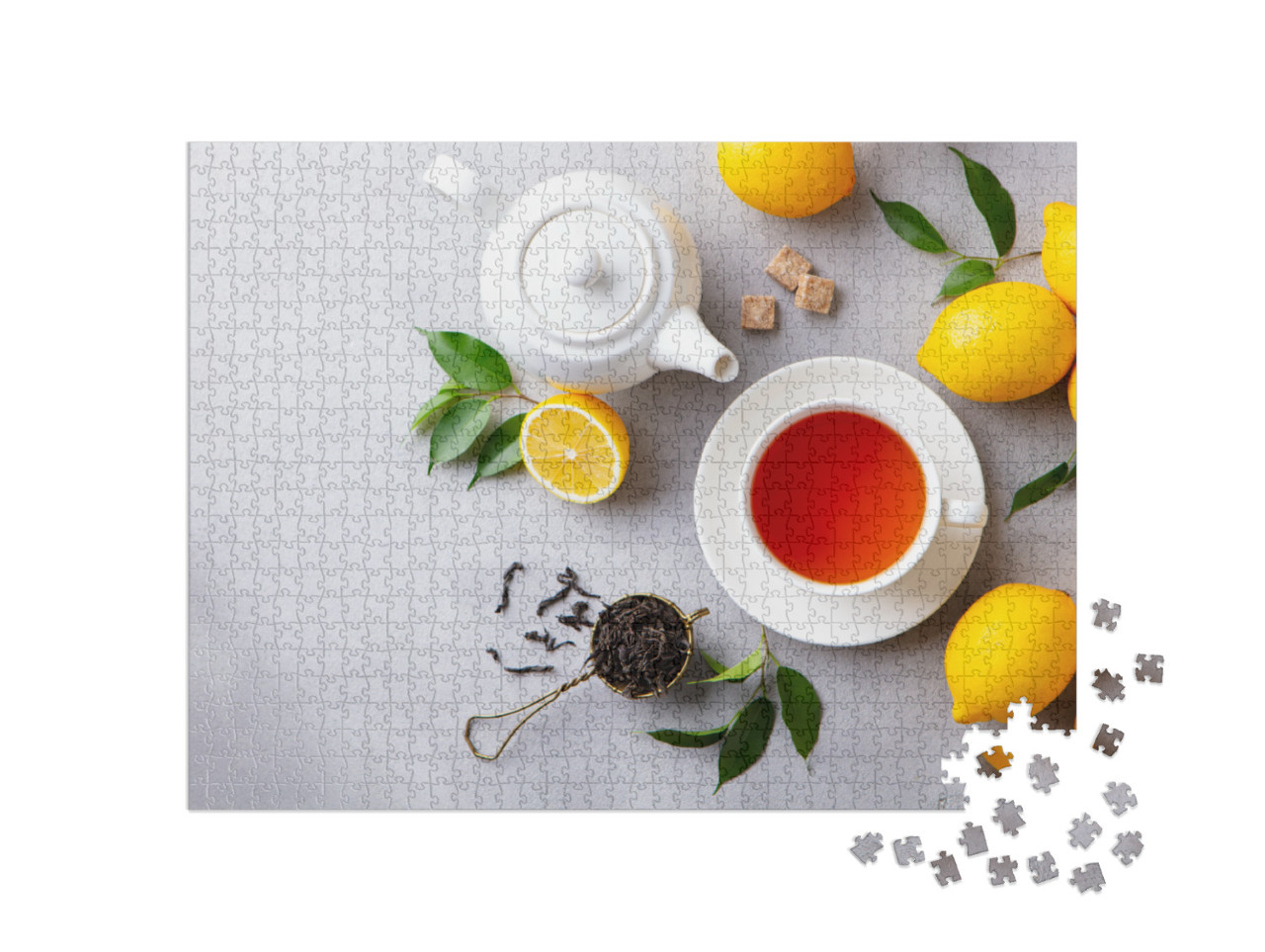 Tea Cup & Pot with Lemon. Grey Background. Copy Space. To... Jigsaw Puzzle with 1000 pieces