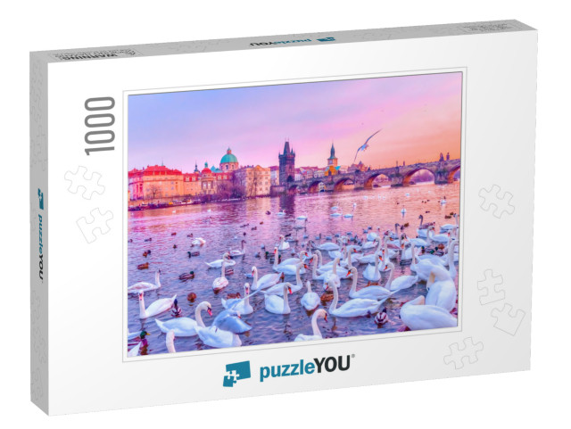 Swans on Vltava River, Towers & Charles Bridge At Sunset... Jigsaw Puzzle with 1000 pieces