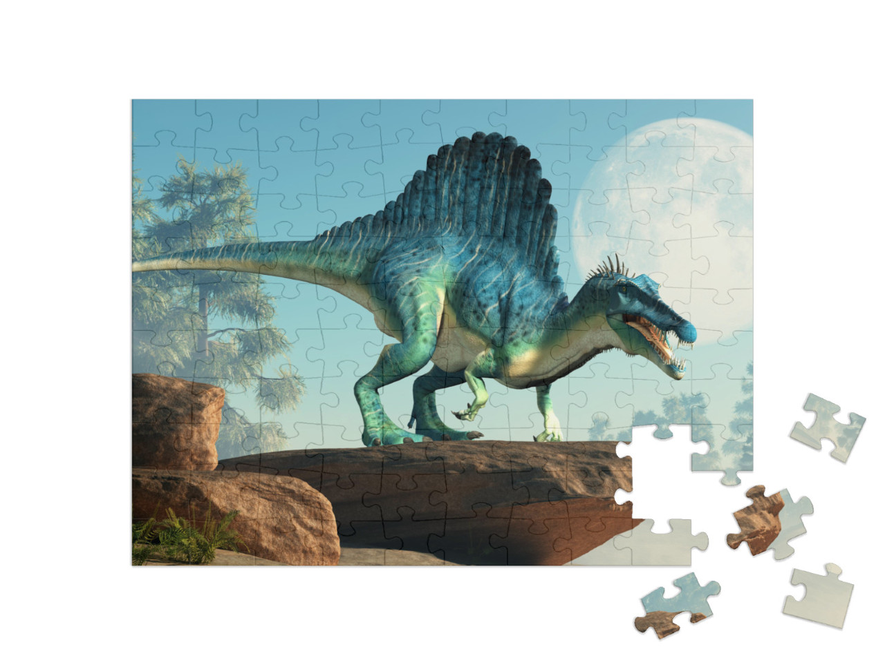 A Spinosaurus on a Cliff by the Moon. Spinosaurus Was Sem... Jigsaw Puzzle with 100 pieces