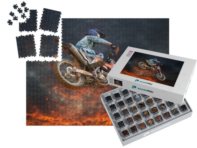 Jumping Motocross Rider with Firestorm in the Background... | SMART SORTED® | Jigsaw Puzzle with 1000 pieces