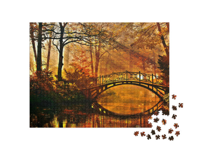 Autumn - Old Bridge in Autumn Misty Park... Jigsaw Puzzle with 1000 pieces