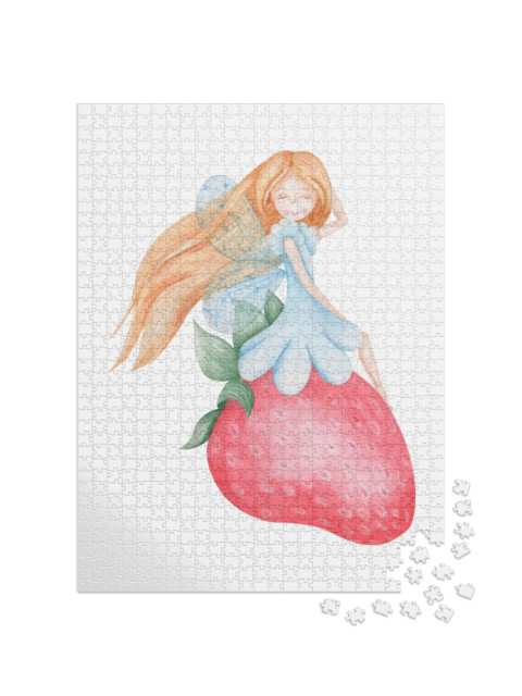 Watercolor Fairy on a Strawberry. Girl in a Blue... Jigsaw Puzzle with 1000 pieces