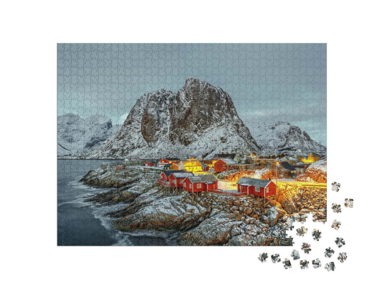 Fishing Hut Rorbu in the Hamnoy & Lilandstinden Mountain... Jigsaw Puzzle with 1000 pieces