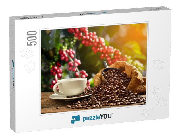 Cup of Coffee with Smoke & Coffee Beans in Burlap Sack on... Jigsaw Puzzle with 500 pieces