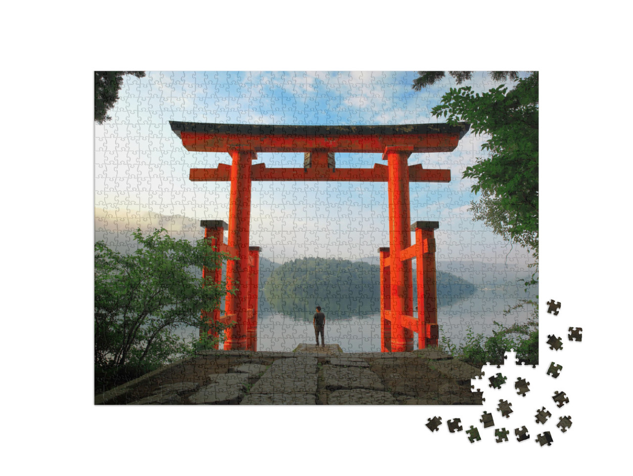 Tourist At Red Torii Gate of Hakone Shrine Located on Lak... Jigsaw Puzzle with 1000 pieces