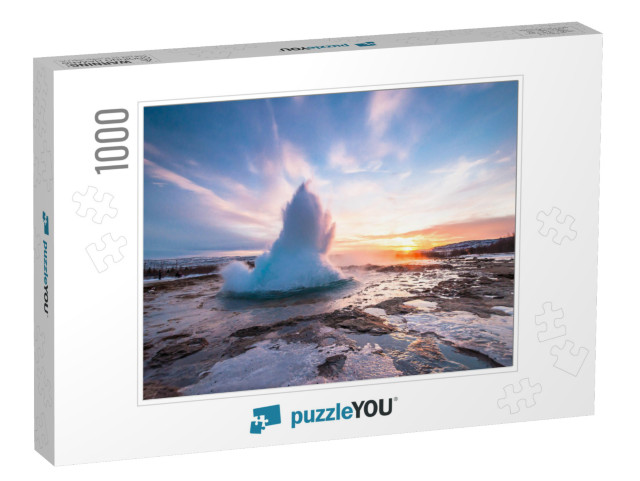 Eruption of Strokkur Geyser in Iceland. Winter Cold Color... Jigsaw Puzzle with 1000 pieces