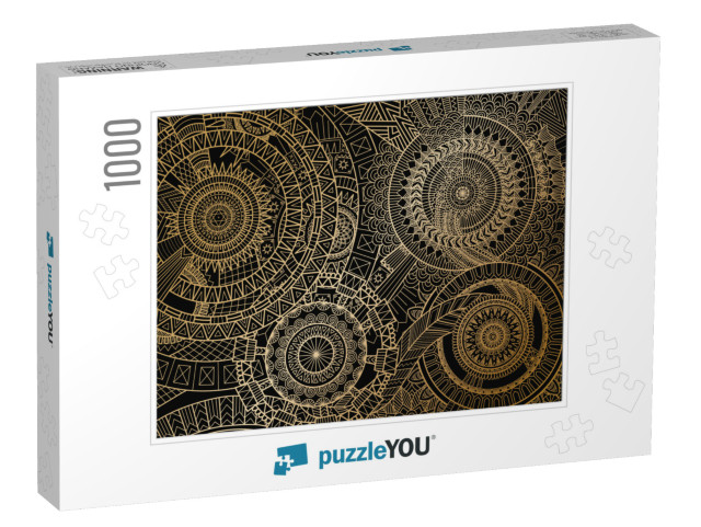 Mandala Movement in Golden Lines on Black Background. Vec... Jigsaw Puzzle with 1000 pieces