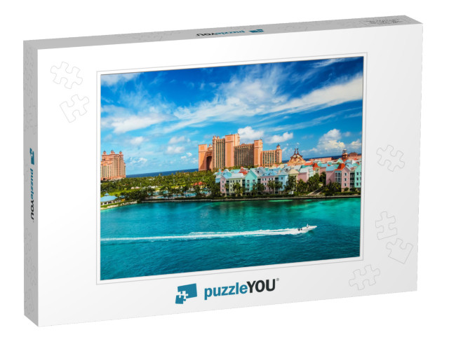 Beautiful Scene of Speed Boat, Ocean, Colorful Houses & a... Jigsaw Puzzle