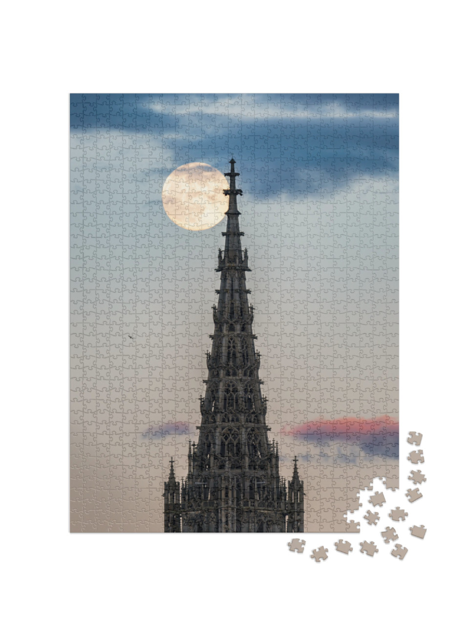 Top of Ulmer Minster with Full Moon Rise Behind It, Color... Jigsaw Puzzle with 1000 pieces