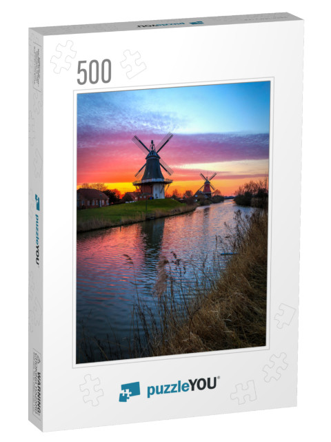 The Famous Twin Mills of Greetsiel, East Frisia At Sunris... Jigsaw Puzzle with 500 pieces