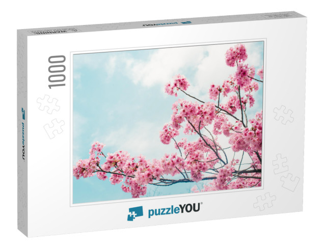 Beautiful Cherry Blossom Sakura in Spring Time Over Blue... Jigsaw Puzzle with 1000 pieces