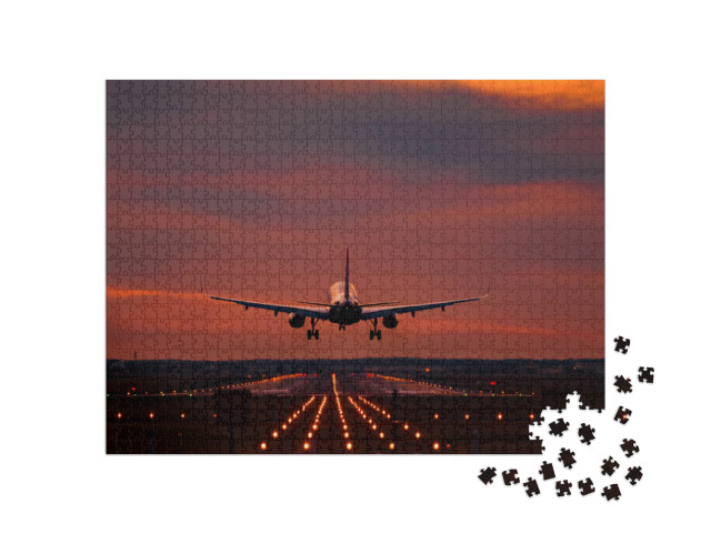 Airplane Landing At Sunset on Otopeni Airport... Jigsaw Puzzle with 1000 pieces