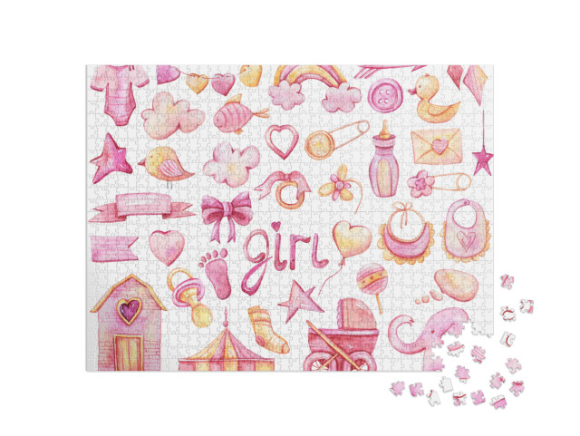 Watercolor Hand Painted Pink Girls Set. Its a Girl... Jigsaw Puzzle with 1000 pieces