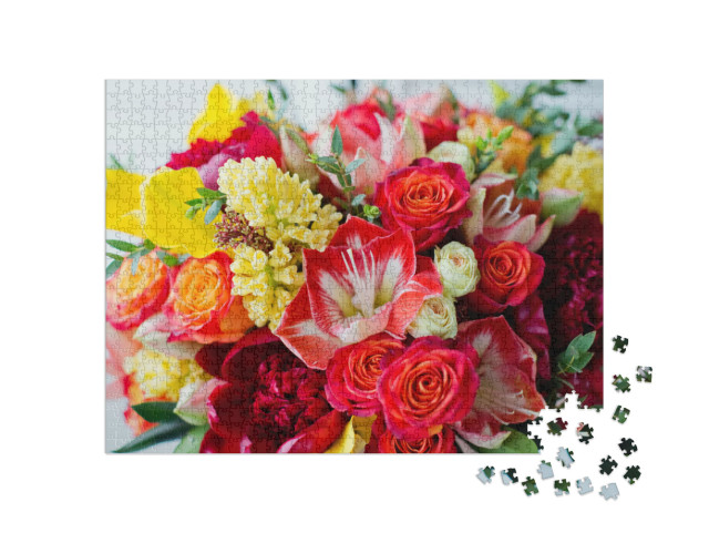 Big Pink Gift Box with Bright Flowers. Red & Yellow Flowe... Jigsaw Puzzle with 1000 pieces