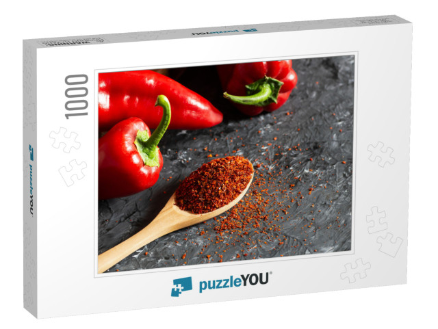 Fresh Capia Peppers & Chili Flakes or Powder in Wooden Sp... Jigsaw Puzzle with 1000 pieces