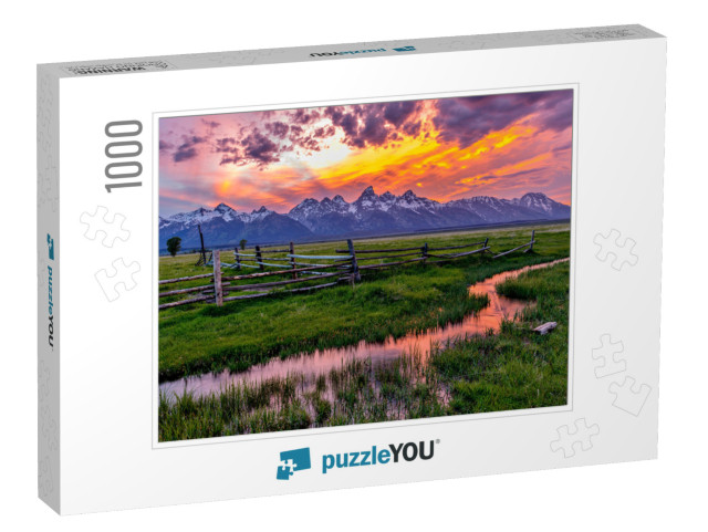 Golden Fiery Sunset At Grand Teton - a Colorful Spring Su... Jigsaw Puzzle with 1000 pieces