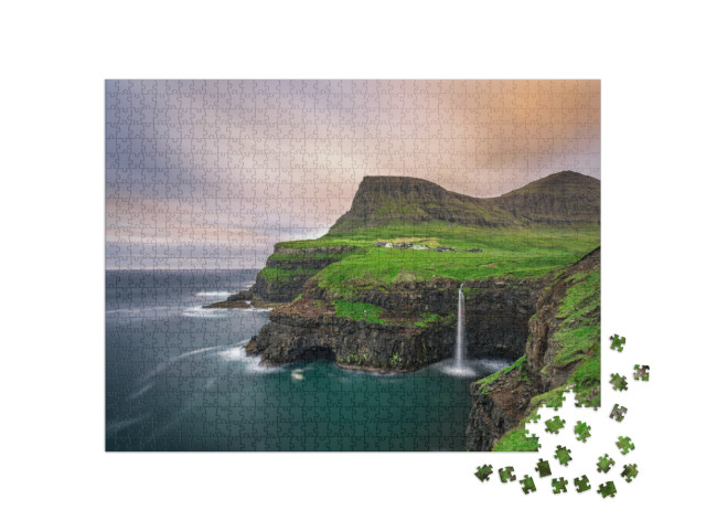 Gasadalur Village & Its Iconic Waterfall, Vagar, Faroe Is... Jigsaw Puzzle with 1000 pieces