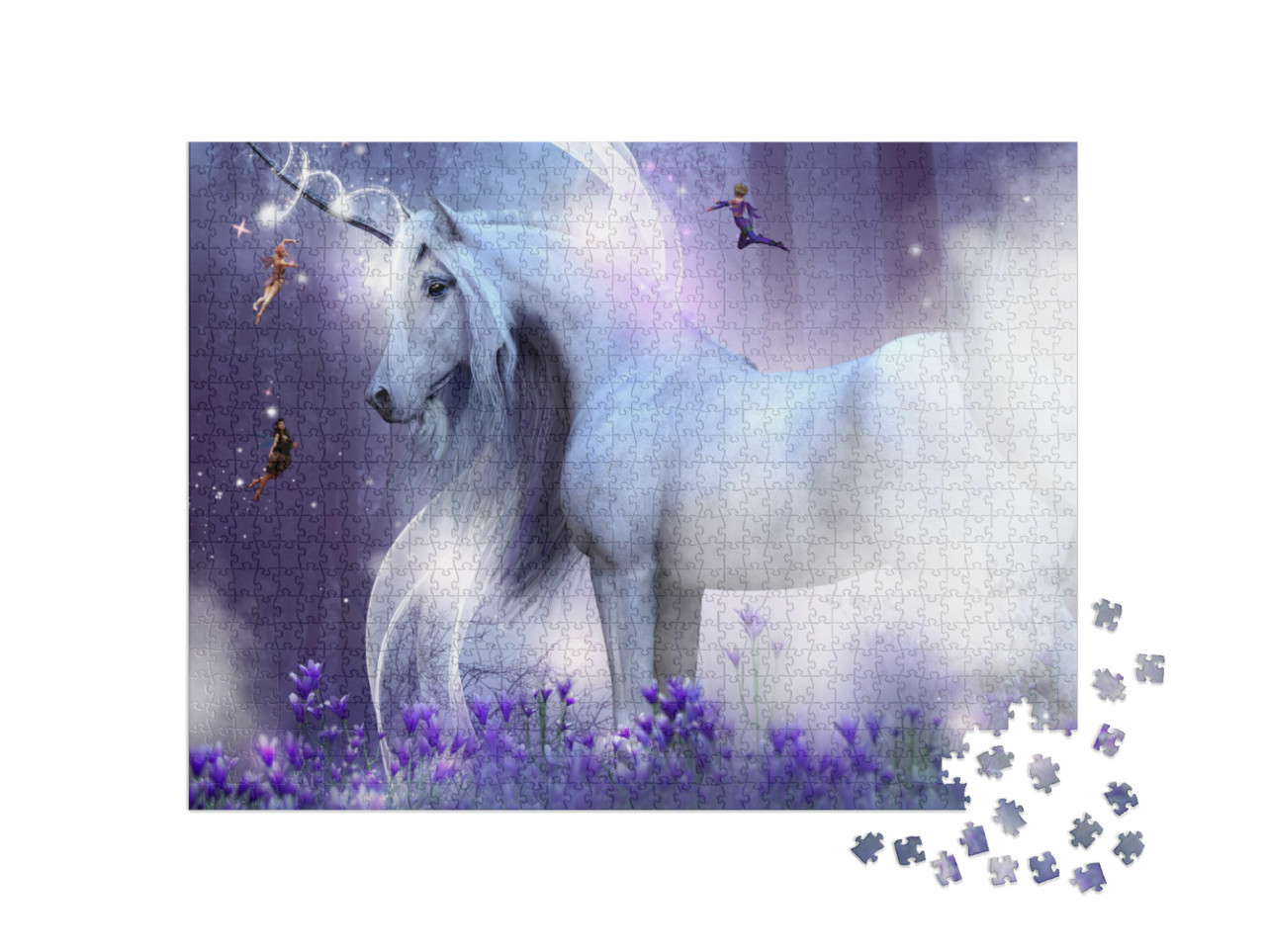 A Majestic Unicorn with Three Little Fairies Sending Magi... Jigsaw Puzzle with 1000 pieces