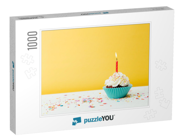 A Colorful Birthday Cupcake with One Candle & Confetti on... Jigsaw Puzzle with 1000 pieces