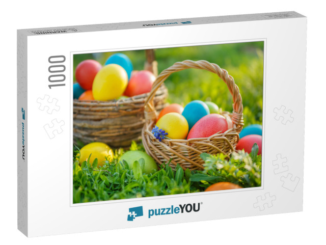 Happy Easter. Colorful Easter Eggs in Baskets, on the Spr... Jigsaw Puzzle with 1000 pieces