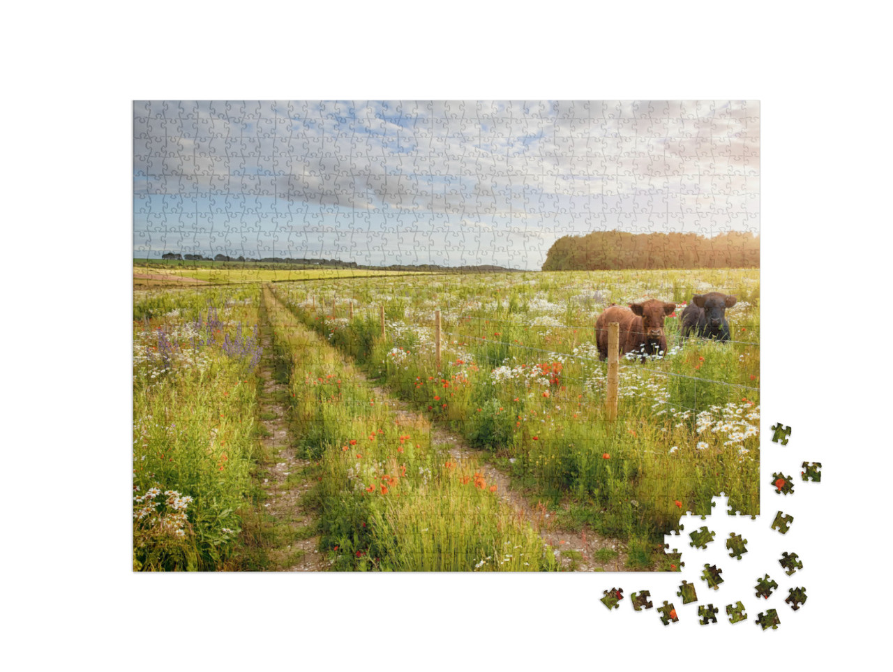 Wild Flower Meadow with Two Beautiful Cows & a Track & Ba... Jigsaw Puzzle with 1000 pieces