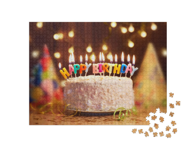 Birthday Cake with Candles, Bright Lights Bokeh... Jigsaw Puzzle with 1000 pieces