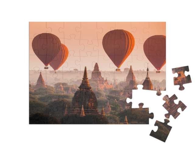 Hot Air Balloon Over Plain of Bagan in Misty Morning, Mya... Jigsaw Puzzle with 48 pieces