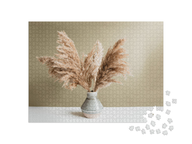 Pampas Grass in Vase Against Green Wall... Jigsaw Puzzle with 1000 pieces