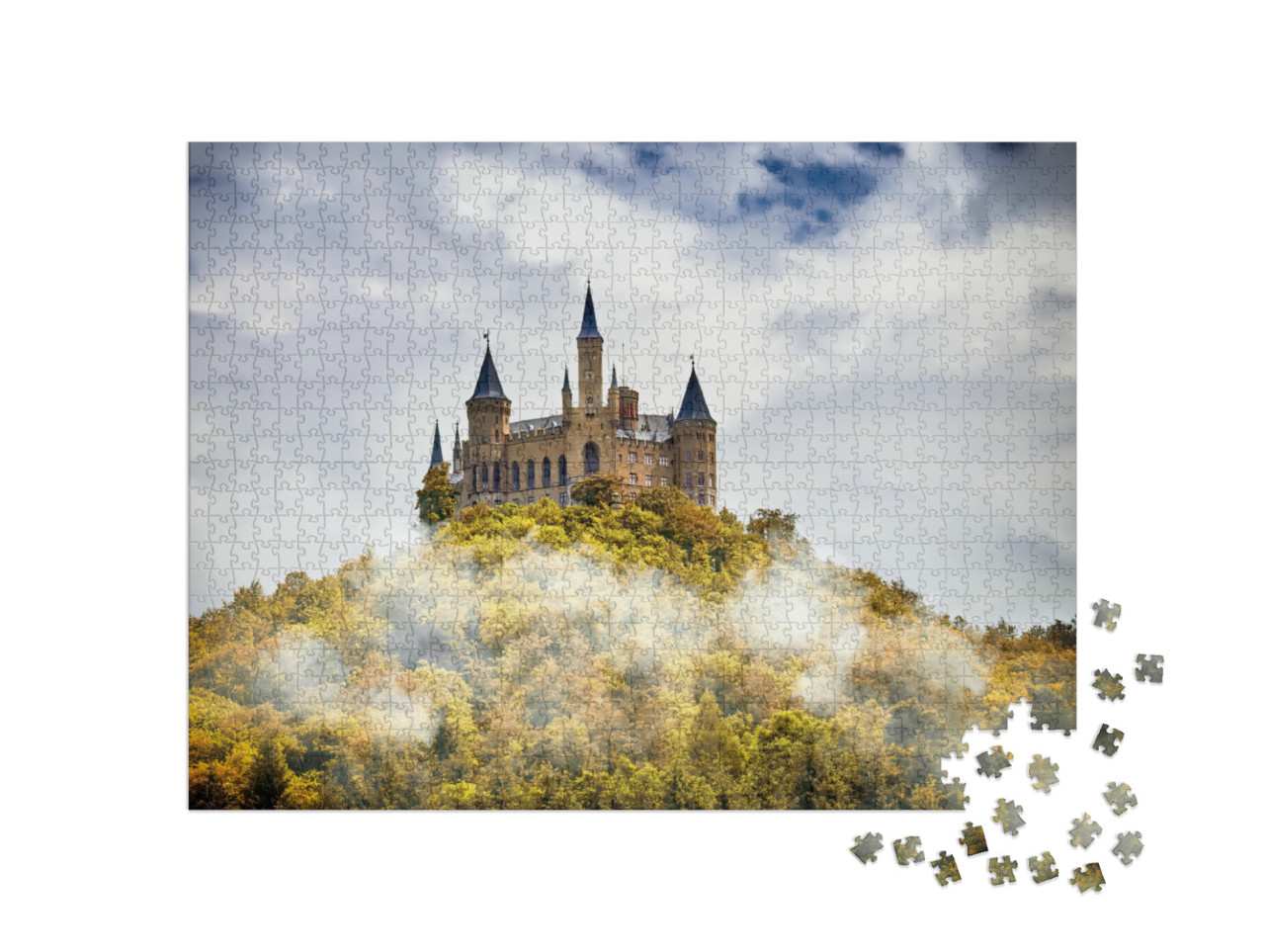 Castle on a Wooded Mountain in the Fog Under Clouds, Hohe... Jigsaw Puzzle with 1000 pieces