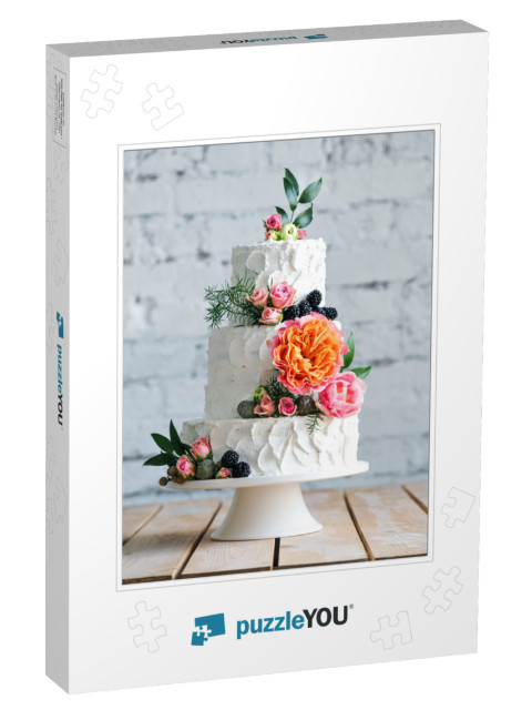 White Wedding Cake with Flowers & Blueberries... Jigsaw Puzzle