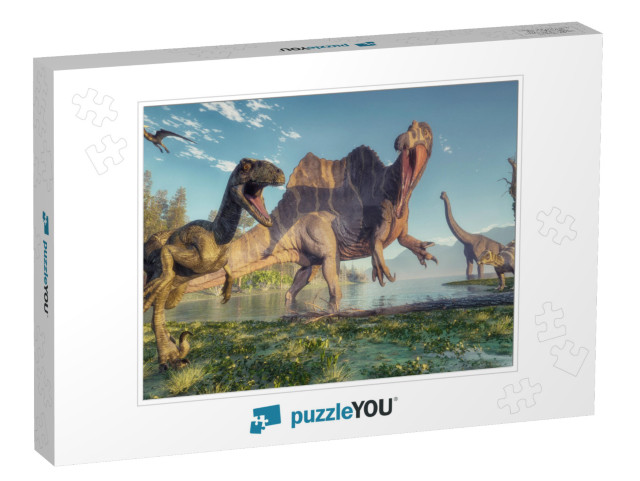 Spinosaurus & Deinonychus in the Jungle. This is a 3D Ren... Jigsaw Puzzle