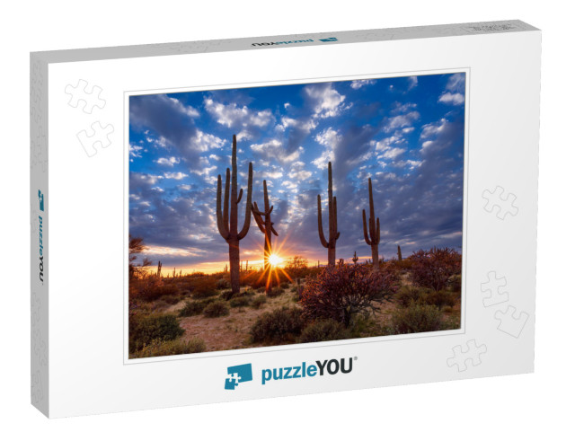 Arizona Desert Landscape with Saguaro Cactus At Sunset... Jigsaw Puzzle