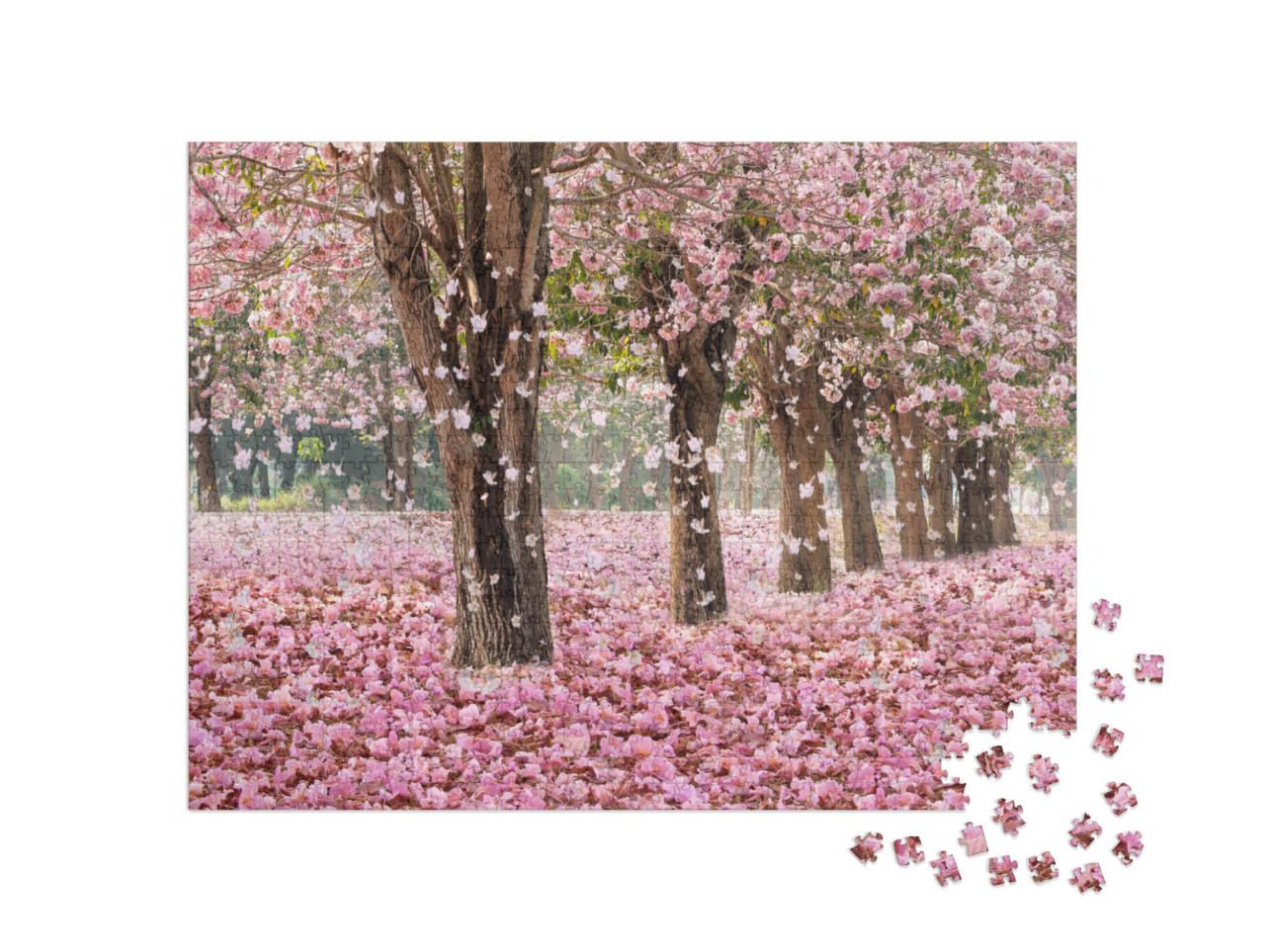 The Romantic Tunnel of Pink Flower Trees with Falling Pet... Jigsaw Puzzle with 1000 pieces