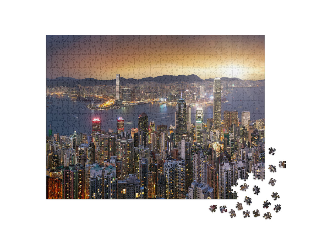 Hong Kong Skyline Panorama At Dramatic Sunset, China - As... Jigsaw Puzzle with 1000 pieces