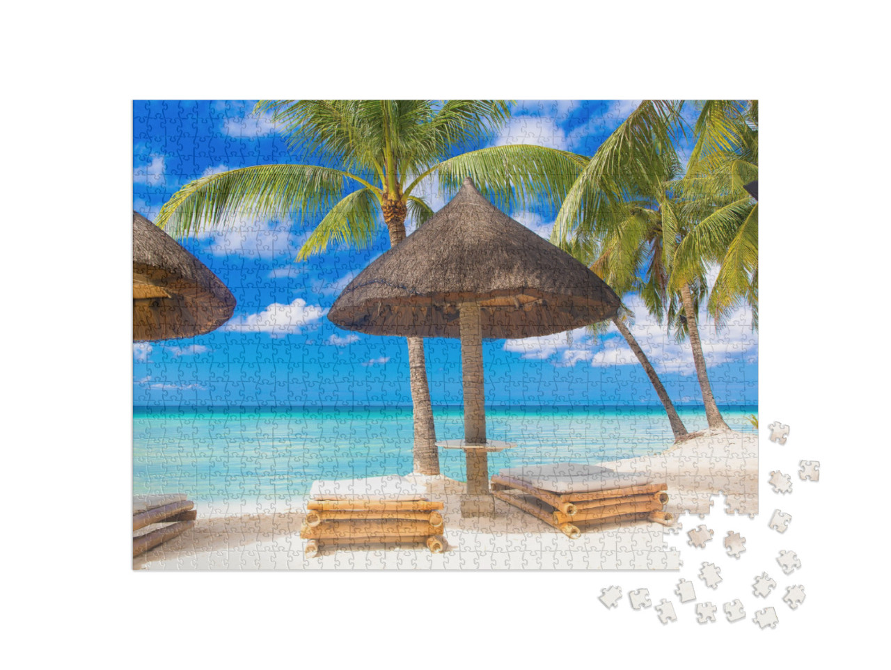 Sun Umbrella & Beach Beds Under the Palm Trees on Tropica... Jigsaw Puzzle with 1000 pieces