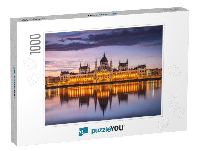 Hungarian Parliament with the Lights on from Across the D... Jigsaw Puzzle with 1000 pieces