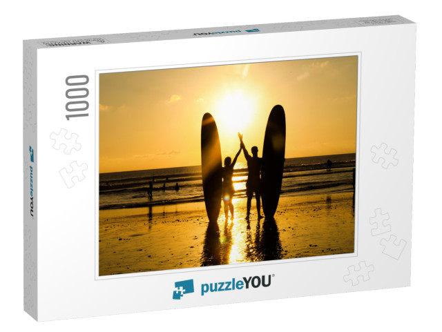 Surfer Couple in Silhouette Holding Long Surf Boards At S... Jigsaw Puzzle with 1000 pieces