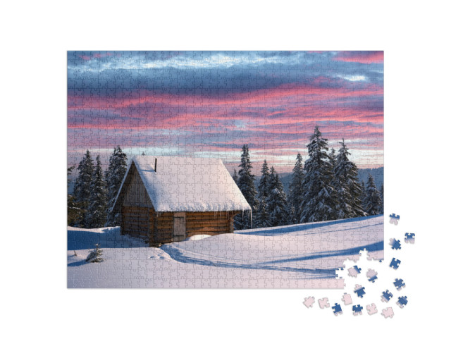 Fantastic Winter Landscape with Wooden House in Snowy Mou... Jigsaw Puzzle with 1000 pieces