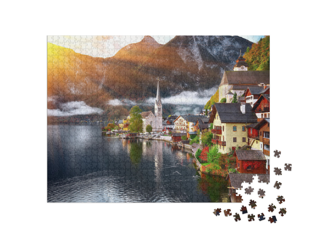 Scenic View of Famous Hallstatt Mountain Village with Hal... Jigsaw Puzzle with 1000 pieces