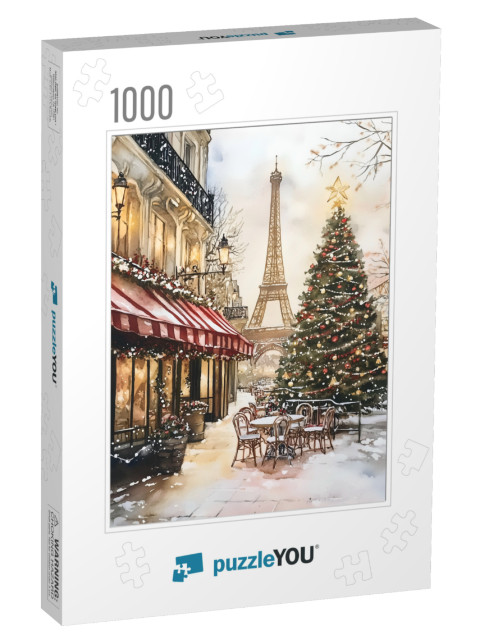 Christmas in Paris: Watercolor With Christmas Tree and Eiffel Tower Jigsaw Puzzle with 1000 pieces