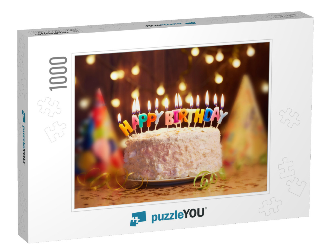 Birthday Cake with Candles, Bright Lights Bokeh... Jigsaw Puzzle with 1000 pieces