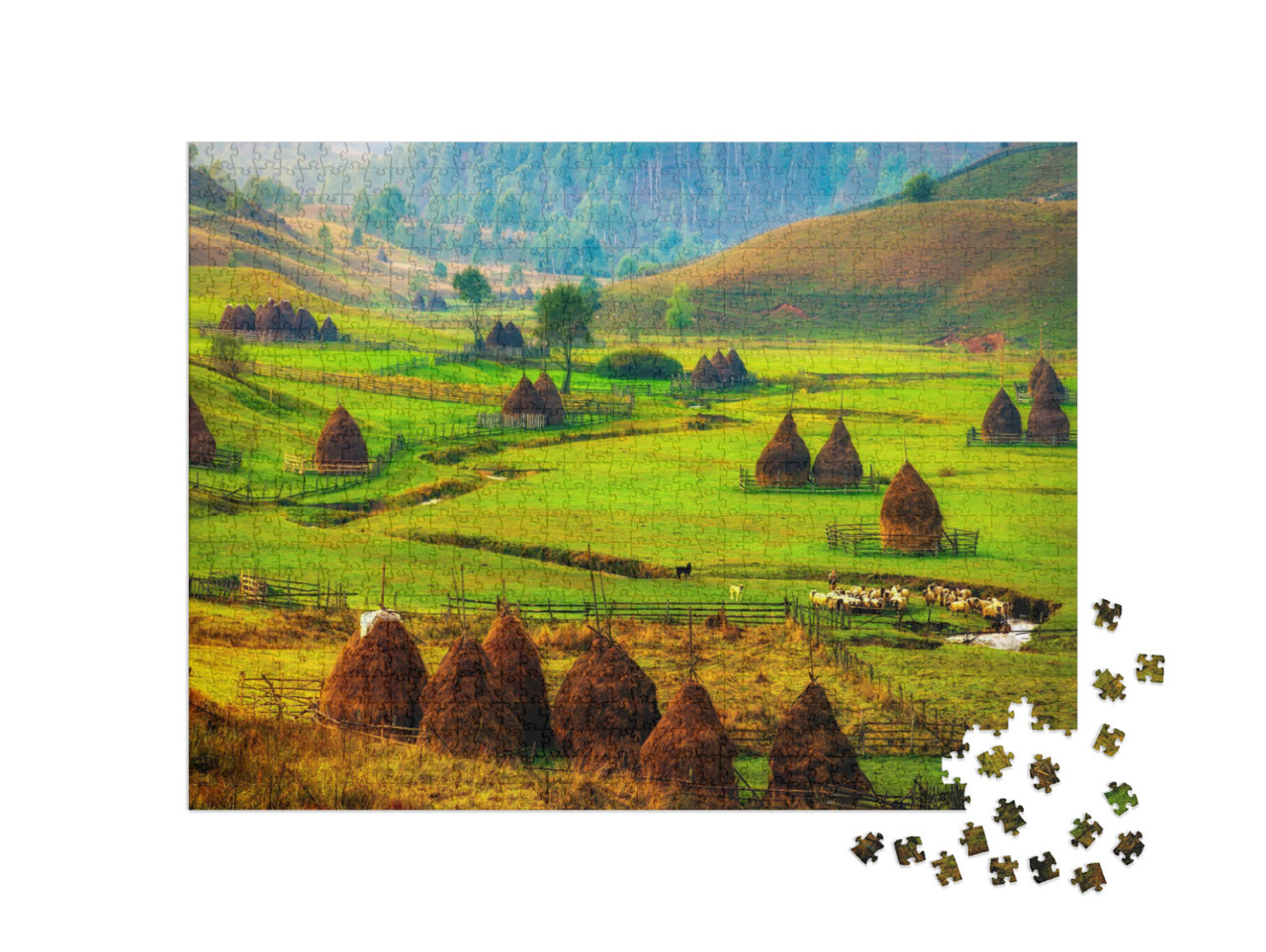 Mountain Landscape with Autumn Morning Fog At Sunrise - F... Jigsaw Puzzle with 1000 pieces